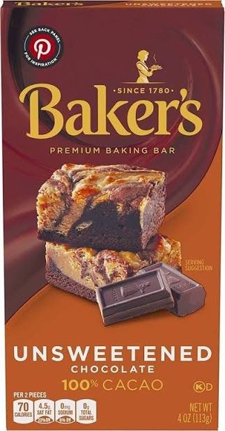 BAKER'S Unsweetened Chocolate 100% CACAO Bar 4oz
